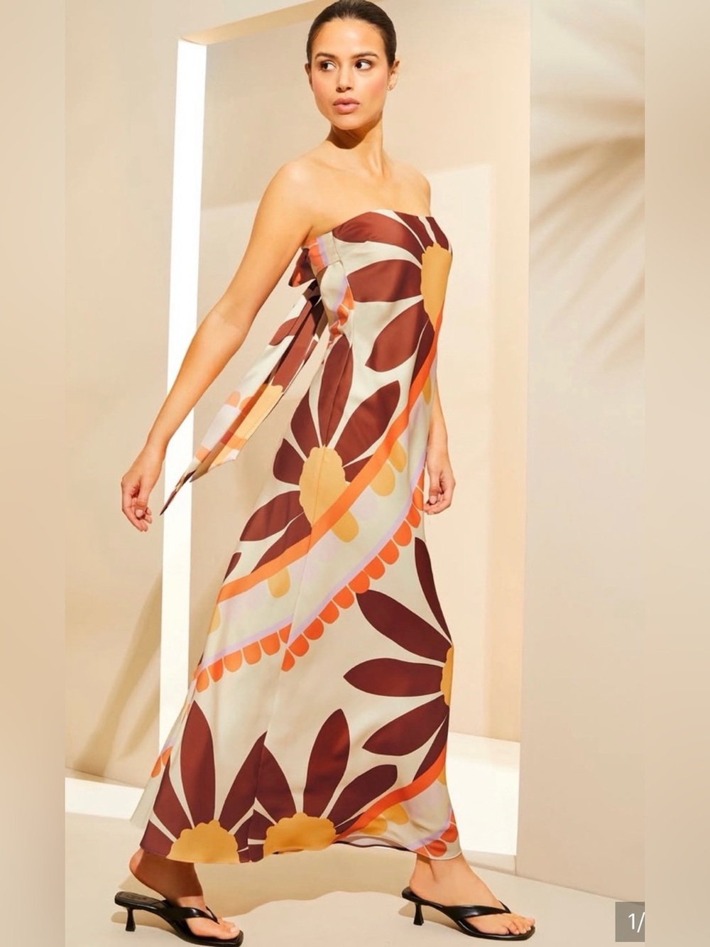 Gianni Bini Strapless Floral Maxi Dress in Cream, Brown and Orange